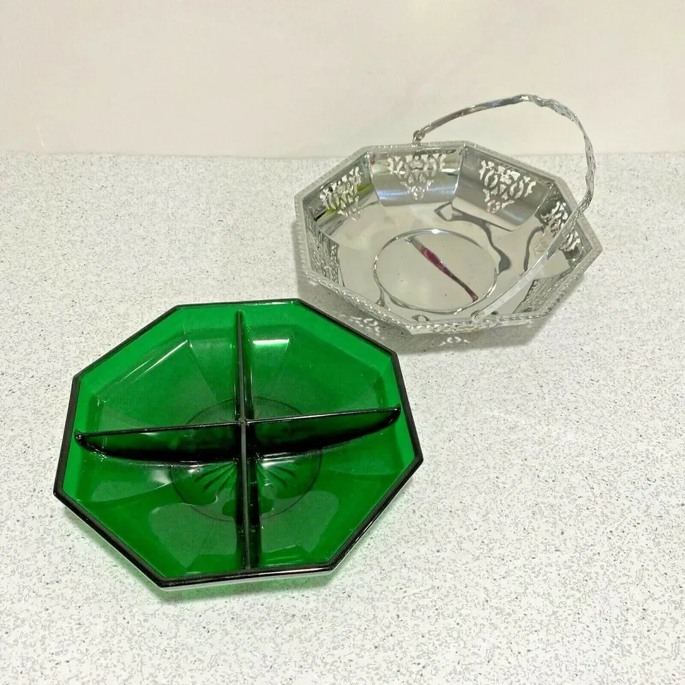 Vintage candy dish ornate pierced chrome basket retro green glass section dish